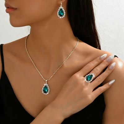 4pcs Cyrstal Ring Necklace Earrings Set Wedding Jewelry Sets for Brides Pendant Earrings for Girls Women African Jewelry Sets