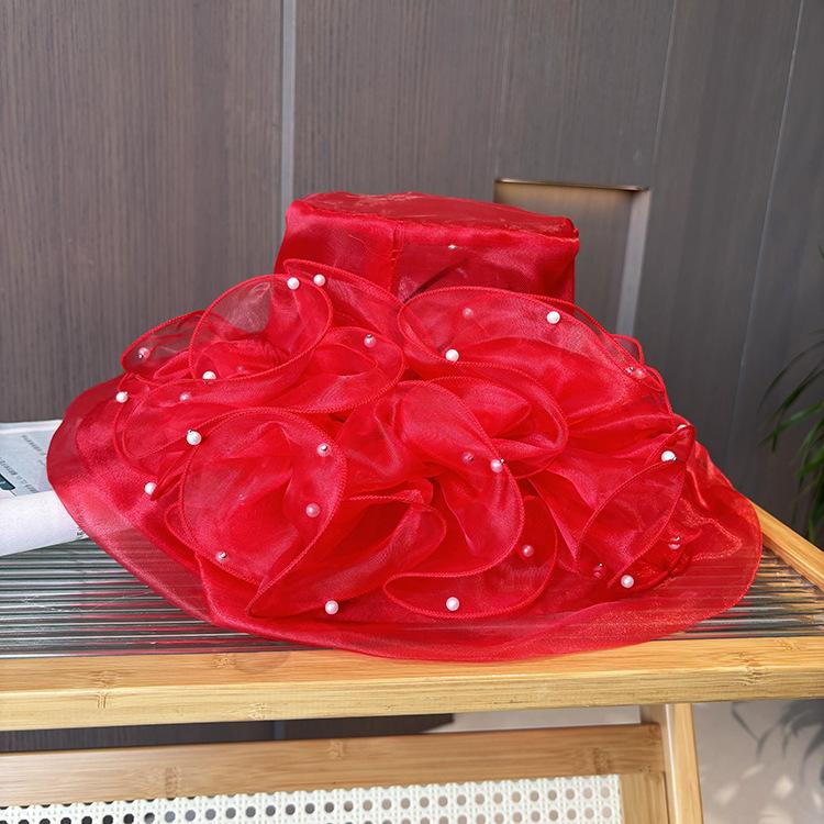 

Корейська версія капелюха-циліндра з великою квіткою та бісером з сітки, жіночий літній європейський та американський капелюх від сонця з органзи з великими полями, складаний капелюх від сонця з захистом від ультрафіолету M（56-58cm） яскраво-червоного коль