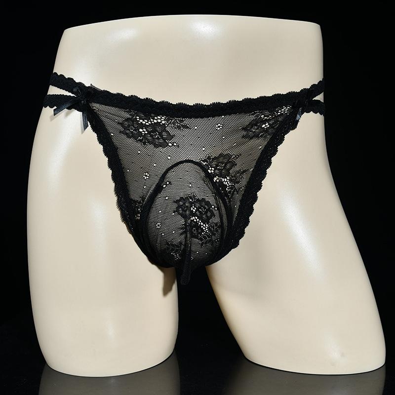Tanga simplu la modă pentru bărbați, cu talie joasă, dantelă sexy, fundiță, splicing, ultra subțire, transparent, elasticitate înaltă, confort, lenjerie intimă respirabilă WC96