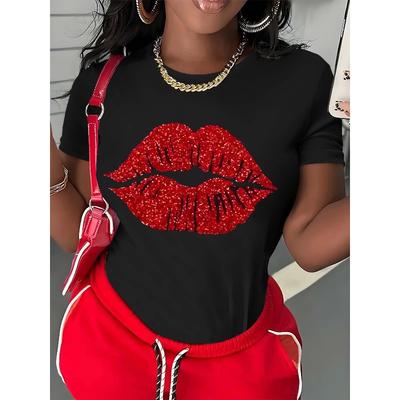 Europäische Größe Übergröße Kurzarm-T-Shirt mit 3D-rotem Lippenaufdruck & Glitzer-Oberteil - Funkelnder Rundhalsausschnitt Lockerer Sitz für Frühling Sommer, Freizeit-Outfits