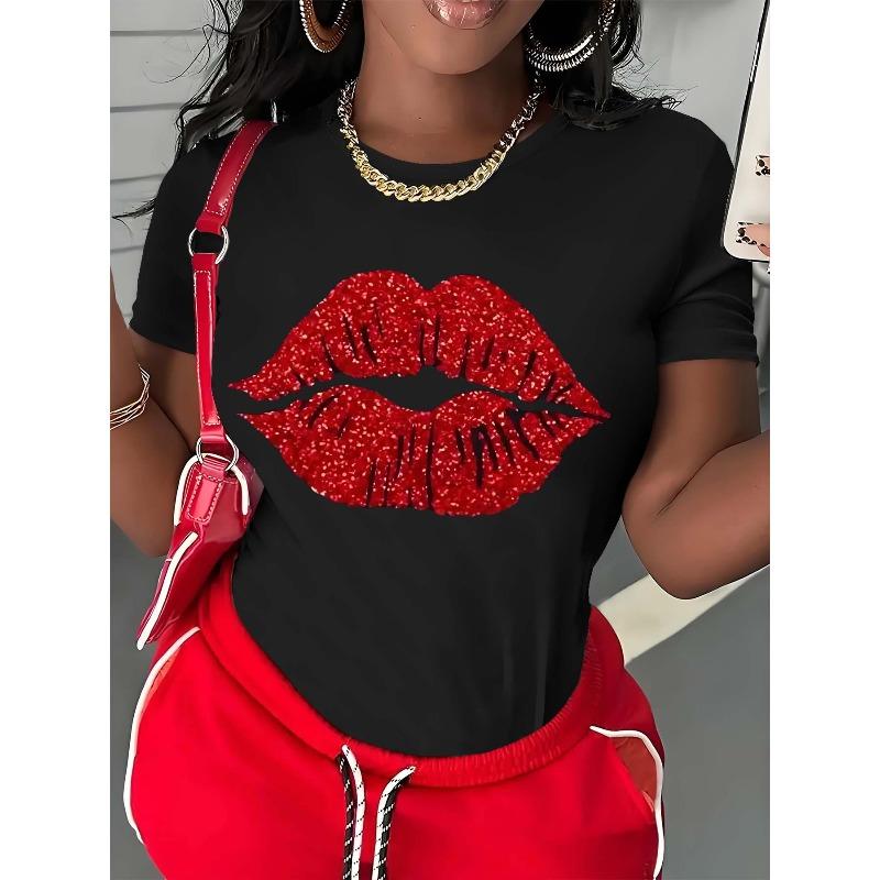

European Size Plus Size Short Sleeve T-Shirt with 3D Red Lip Print & Glitter Top - Sparkling Crew Neck Loose Fit for Spring Summer, Casual Outfits 4XL чорний