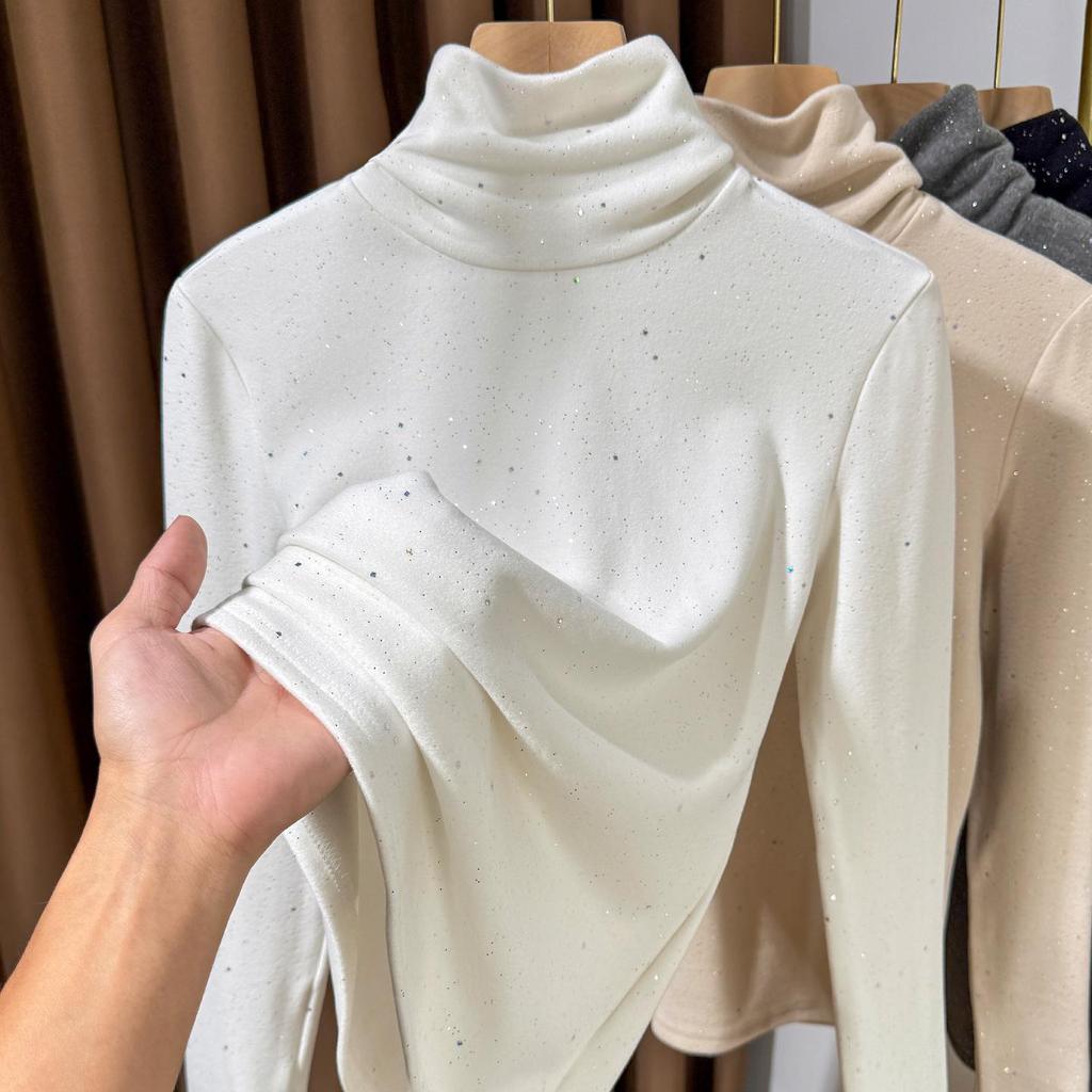 Women's Sequined High-Collar Brushed Corduroy Long Sleeve Shirt - 270g