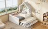 Wooden Platform Bed, House-Shaped, 140 X 200 Cm, with Trundle Bed, 3 Drawers and Safety Rails, White.