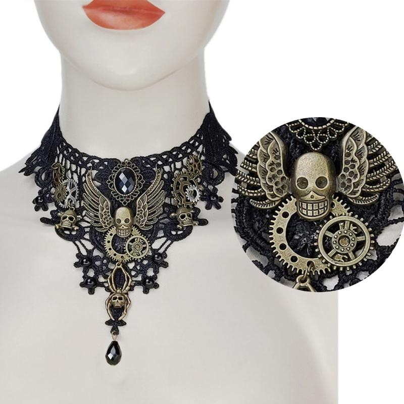 Gothic Lace Floral Choker for Women Choker Handmade Collar with Skull Gears Wing for Bachelorette Party Wedding