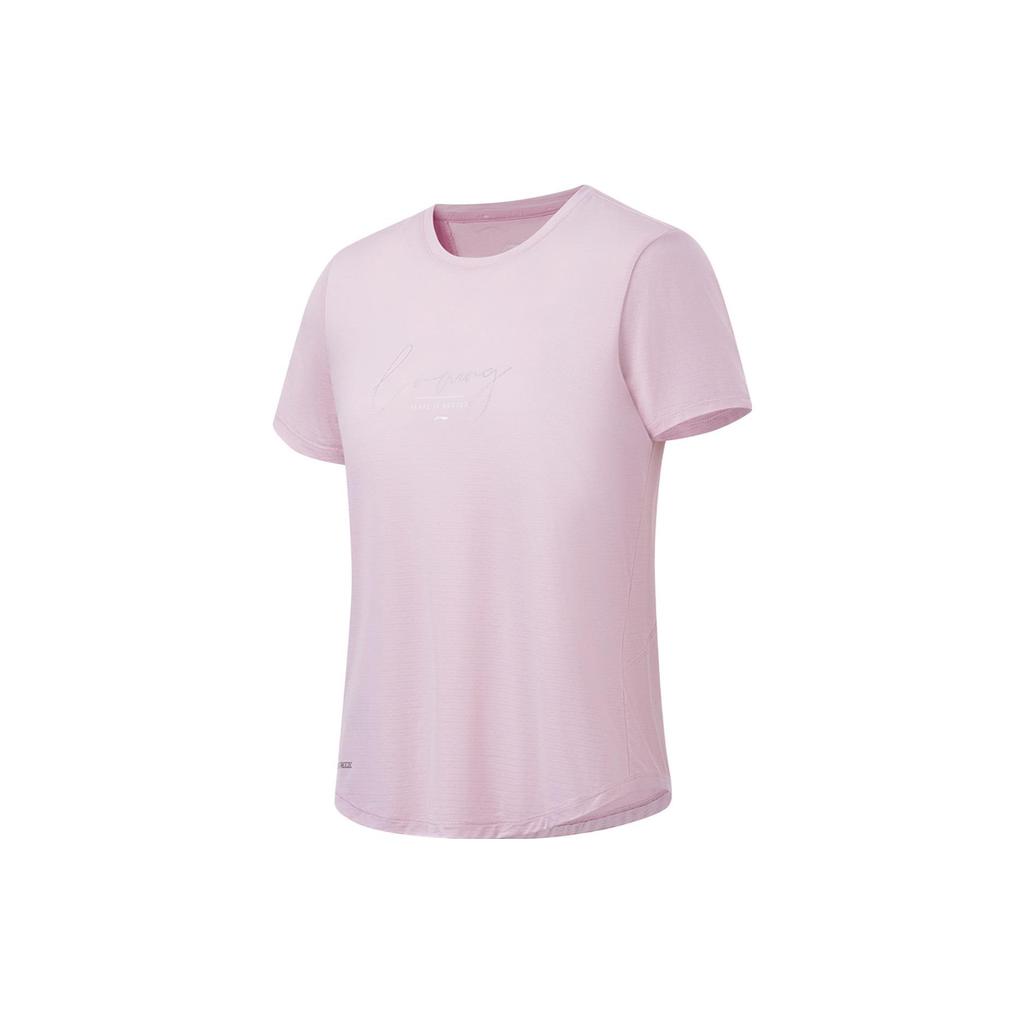 Li Ning Solid Color Letter Print Round Neck Pullover Short Sleeve T-Shirt Women Tops Pink ATST590-3