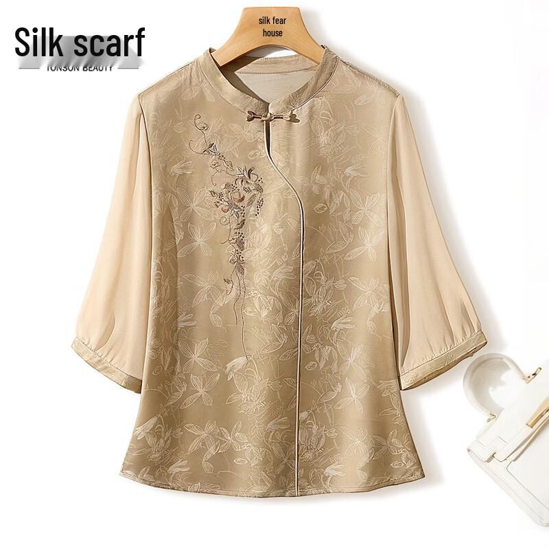 

Women s Retro Embroidered Stand Collar Loose Shirt L