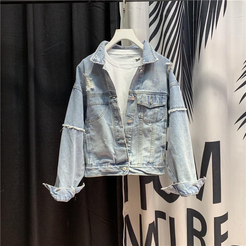 Womens Loose Fit Denim Jacket Vintage Style Pockets Frayed Edges Slimming Casual