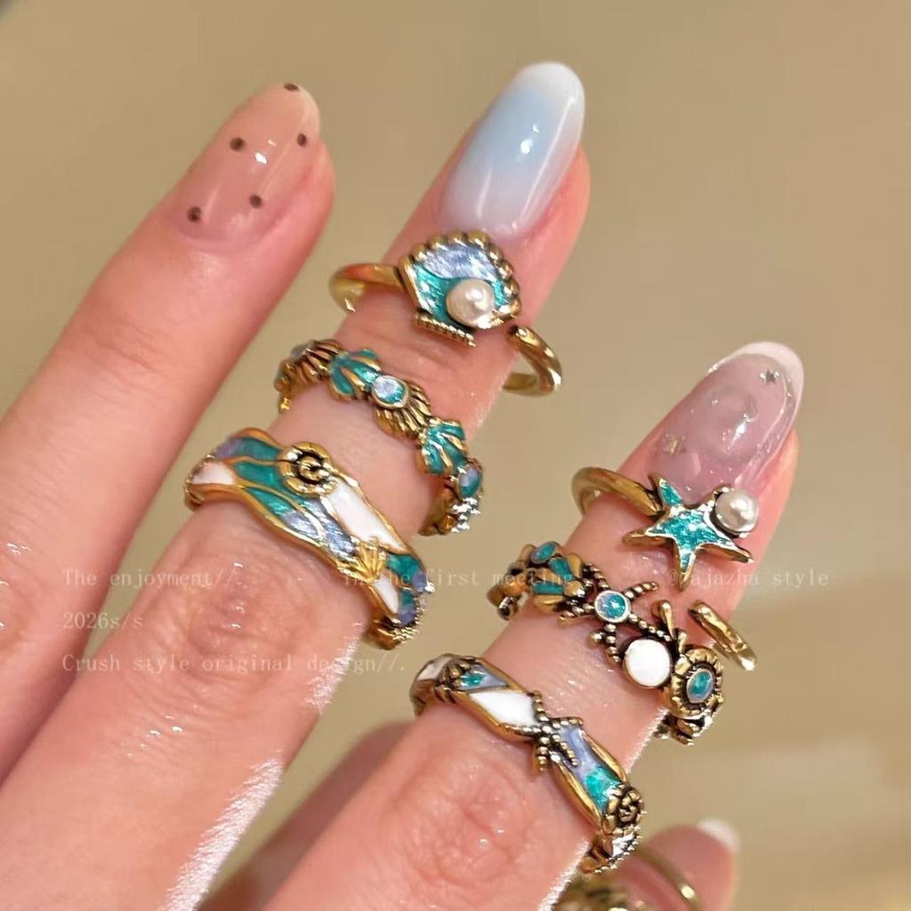 Retro Ocean Party Enamel Seashell & Pearl Starfish Ring for Women – Stackable Index Finger Jewelry