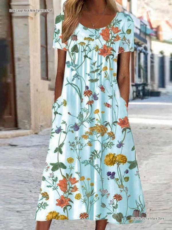2026 Summer Women's Floral Round Neck Pocket Dress - European & American Style, Casual Loose Fit, Short Sleeve.