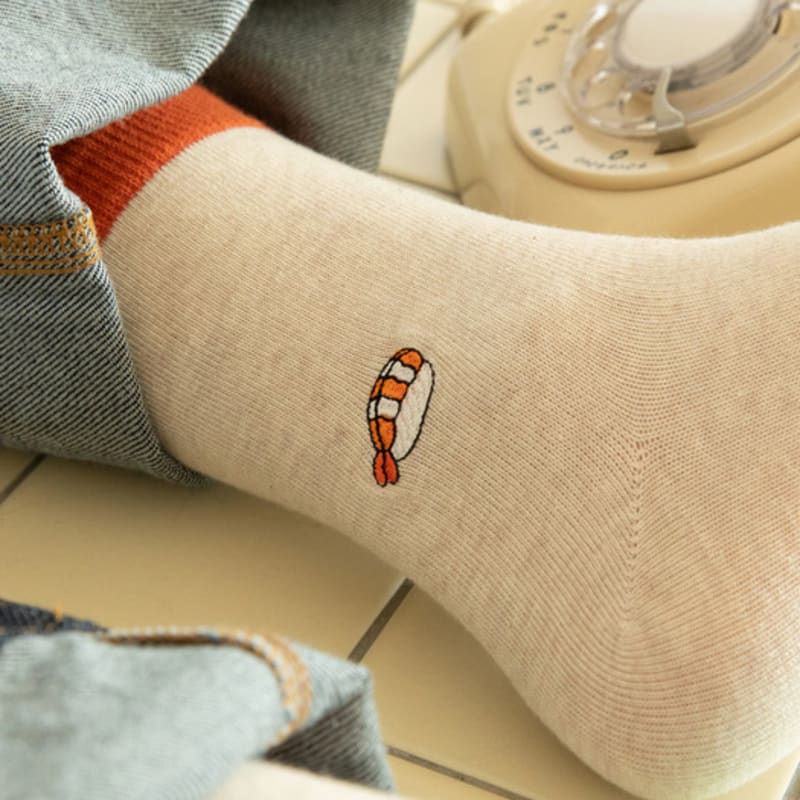 SNOOZY Sushi Embroidered Socks (Oatmeal Orange)