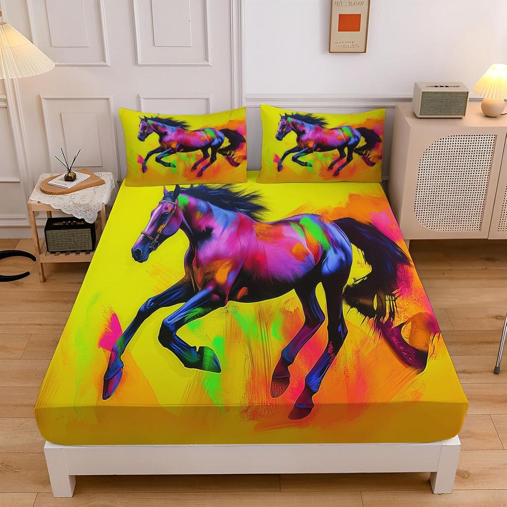 Single Fitted Sheets,Microfibre Fitted Bed Sheets Set, 30 cm Deep Pocket Fitted Sheet,Horse Print Bedsheets with Pillowcase