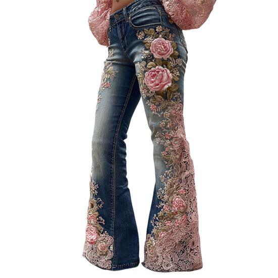 Bell Bottom Jeans for Women 3D Digital Floral Print Stretch Flared Jeans Mid Rise Retro Denim Pants with Pockets