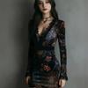 European and American Cross-Border 2025 New Style V-Neck Lace-Trimmed Printed Long-Sleeve Dress, Sexy Waist-Cinching Bodycon Short Dress