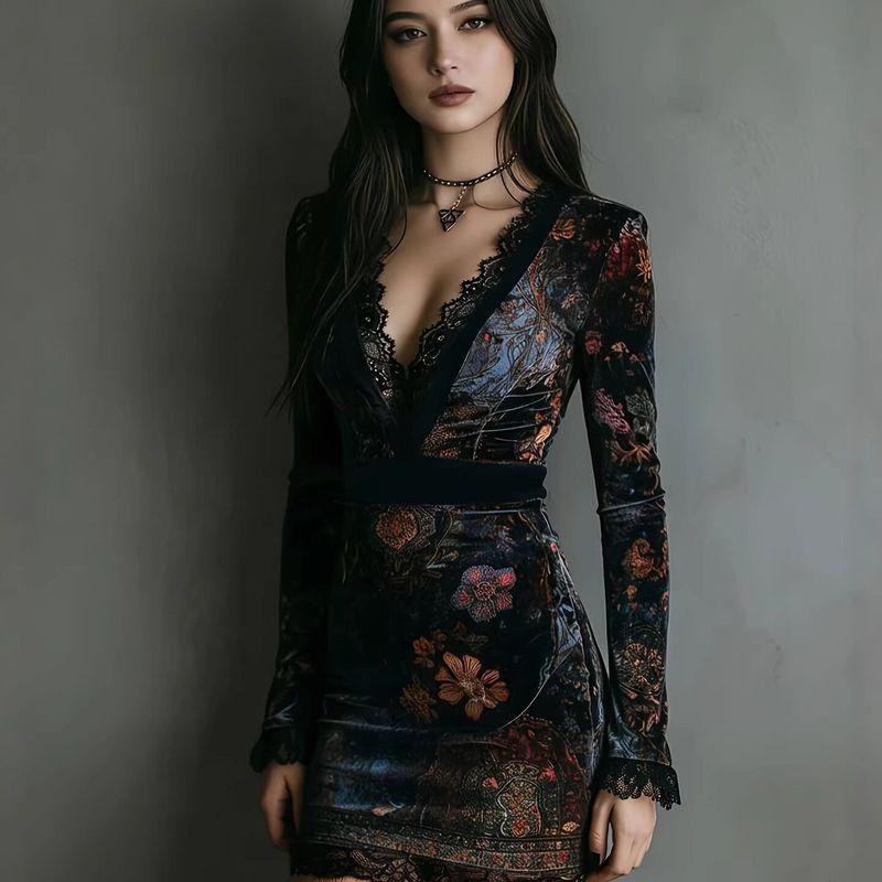 European and American Cross-Border 2025 New Style V-Neck Lace-Trimmed Printed Long-Sleeve Dress, Sexy Waist-Cinching Bodycon Short Dress