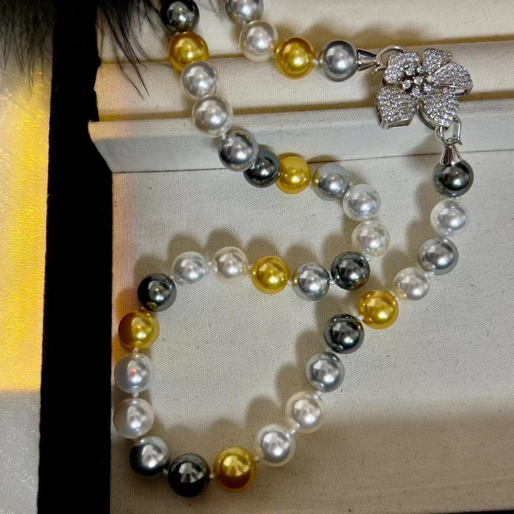 Light Luxury 925 Sterling Silver Full Diamond Flower Buckle Imported Craft Shijia Pearl Necklace Women'S Mixed Color Premium Clavicle Chain