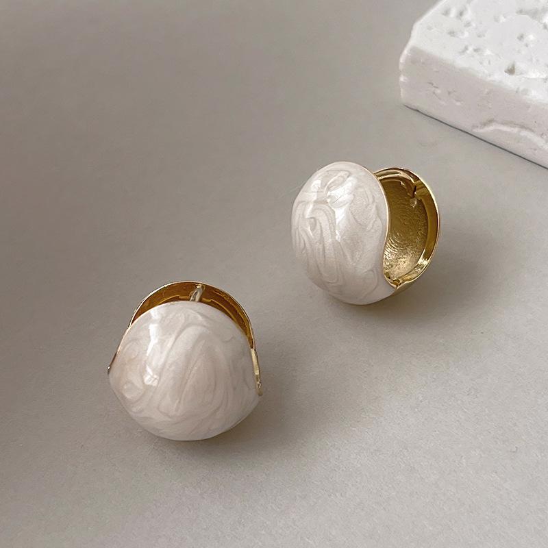 3D White Enamel Ball Earrings: Korean Style, High-End Feel, Niche Design for Women.
