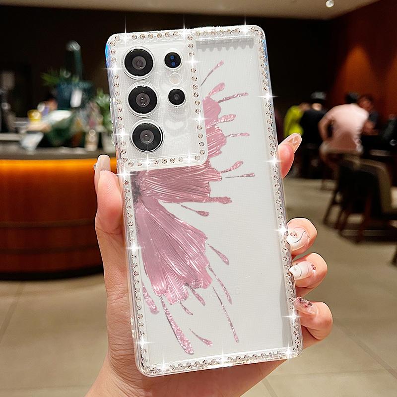 

Мягкий силиконовый противоударный чехол с бриллиантовой рамкой для Samsung S25 Ultra S24 FE S23 S22 A16 A56 A36 A15 A55 A35 с принтом бабочки, прозрачный чехол для телефона Samsung S23 Ultra