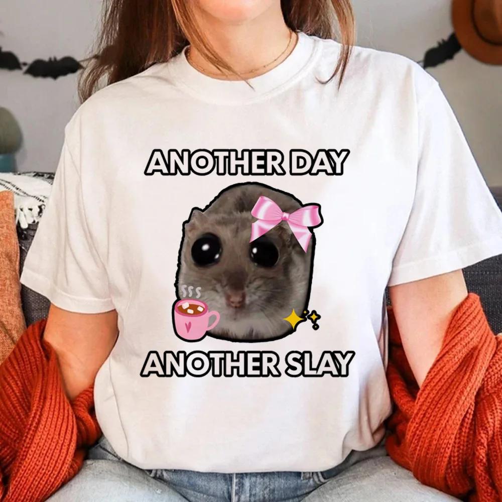 24ss Girls Funny T-shirt Sad Hamster Graphic Print Clothing I'm Just A Girl Letter Tops Humour Patterns Streetwear White Blouse