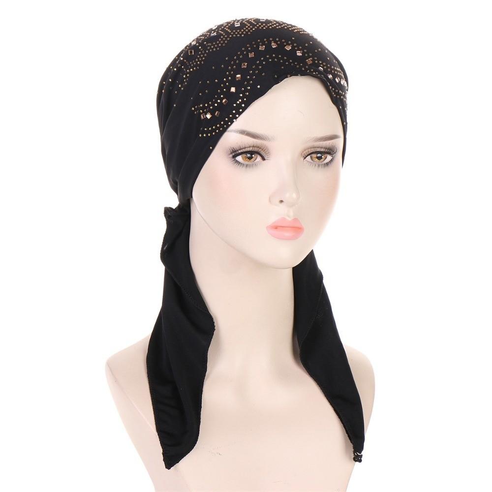 

Soft Elastic Muslim Headscarf Hat Solid Color Rhinestone Hijab Caps Casual Wear чёрный