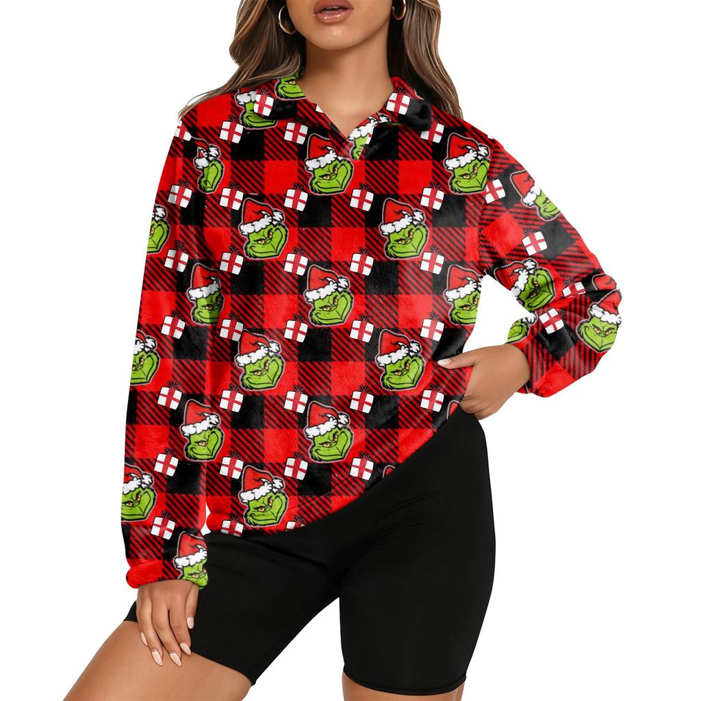 Women's Stand Collar Pullover Long Sleeve Top Christmas Print Sports Top