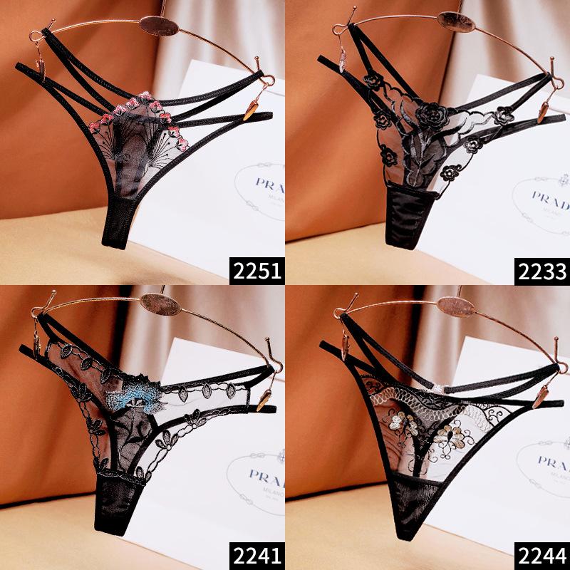 [Free Shipping] 2/4 Independent Packs, Black Embroidered Sexy Thong Female Sentiment Perspective Hot Underwear Thin