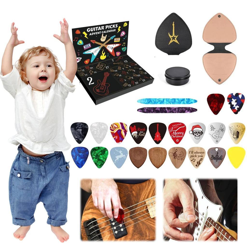 Guitar Picks Countdown Calendar with 20 Guitar Picks & 2 Oud Picks Holder Xmas Advent Calendars for Guitar Bass Ukulele Players