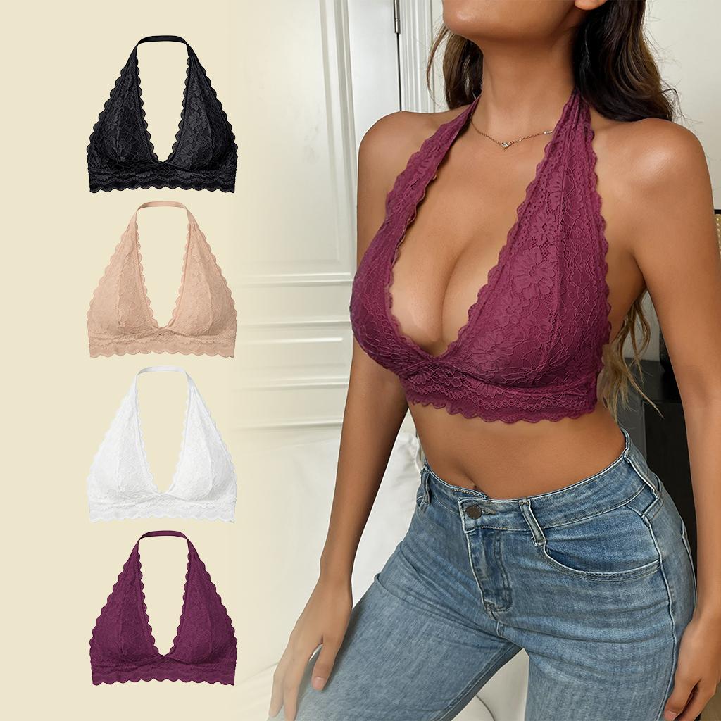 Halter Lace Push Up Bra, Wireless Comfortable Padded Camisole Underwear