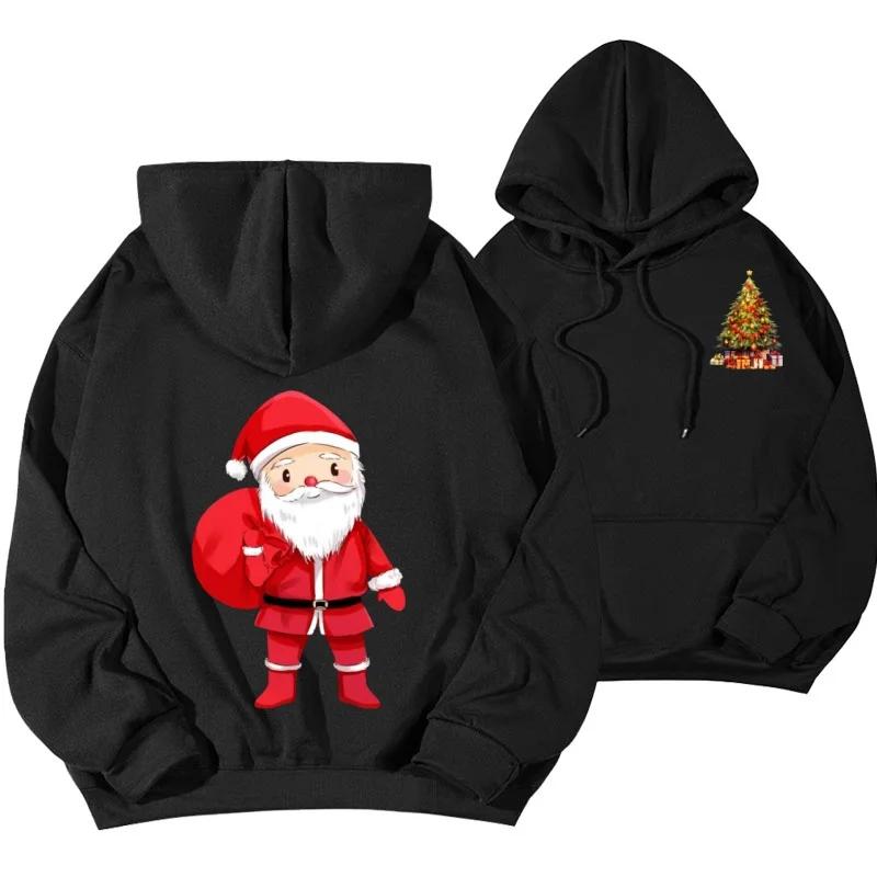 Unisex Merry Christmas Santa Claus Graphic Hoodie, Snowman Print Oversized Pullover Sweatshirt, Casual Christmas Streetwear Top