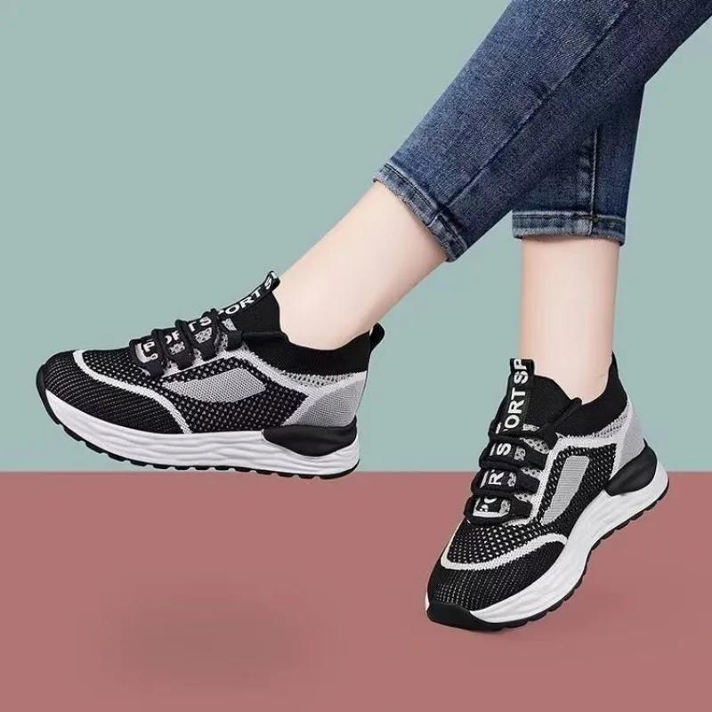 2024 Spring and Autumn Fashion Women's Shoes New Round Toe Color Blocked Low Heel Mesh Breathable Lace-up Women's Sports Shoes