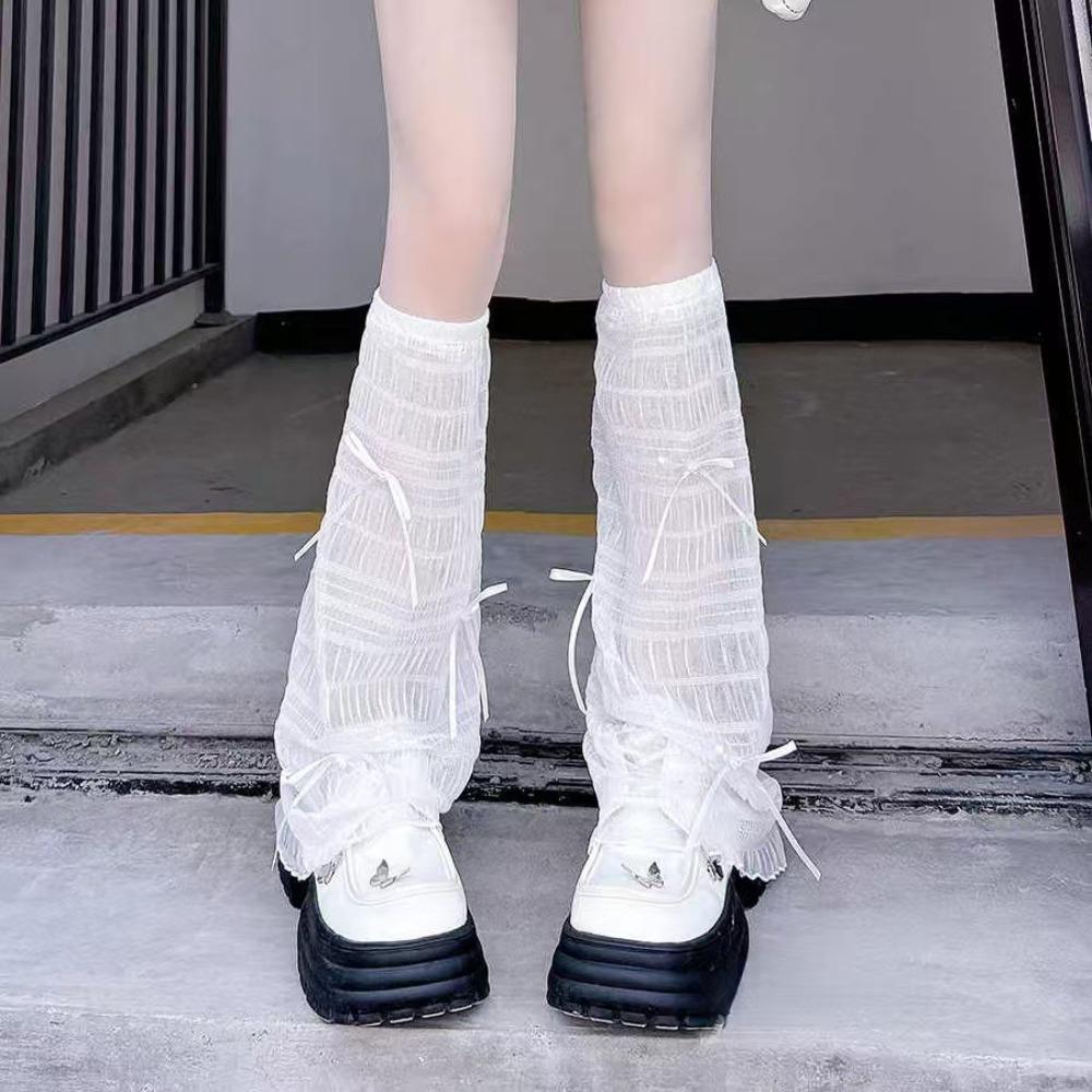 Süßer Stil Schleifen-Design Spitze Beinabdeckung Lange Socken für Damen Sommer Dünn Atmungsaktiv Weiß Kniehoch Beinwärmer Strümpfe 1 Paar