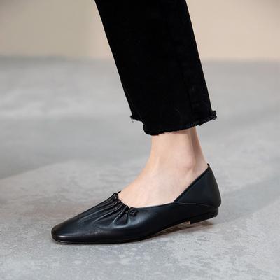 Frühling Sommer Frauen Wohnungen Karree Mode Plissiert Echtem Leder Grundlegende Schuhe Frau Concise Casual Arbeits Schuhe 2024 Neue