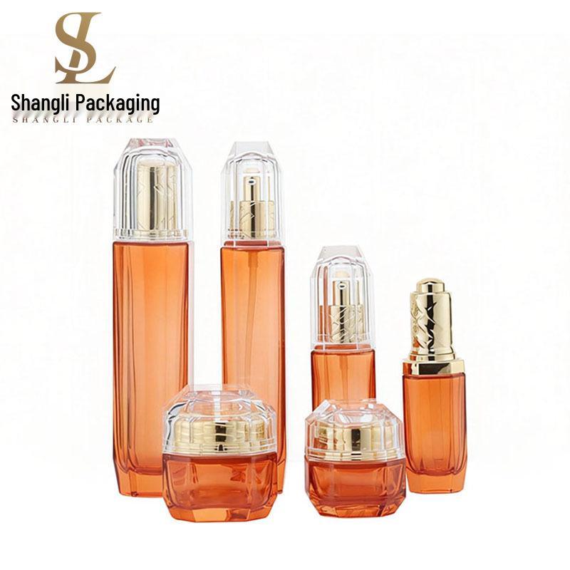 Octagonal Cosmetic Set: 30g Serum Glass Bottle, 50g Cream Jar, Face Cream Bottle & Lotion Pump. 30g; Transparent; Glass