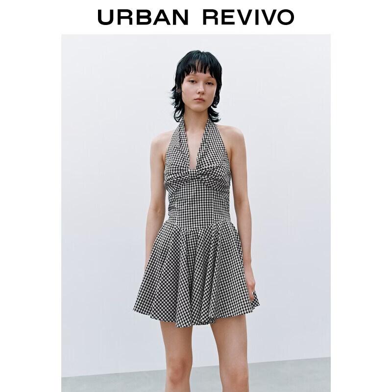 UR2026 Women s Summer Plaid Halter Bow Dress M