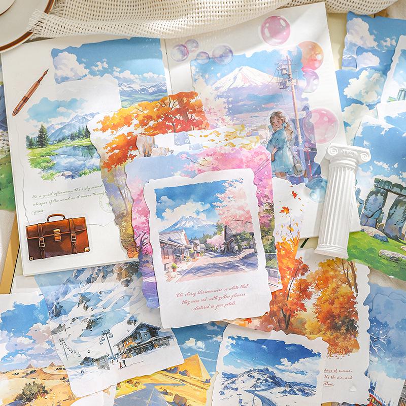 Wind Chasing Series: 30 Sheets White Kraft Paper for Landscape-Themed Collage and Decoration