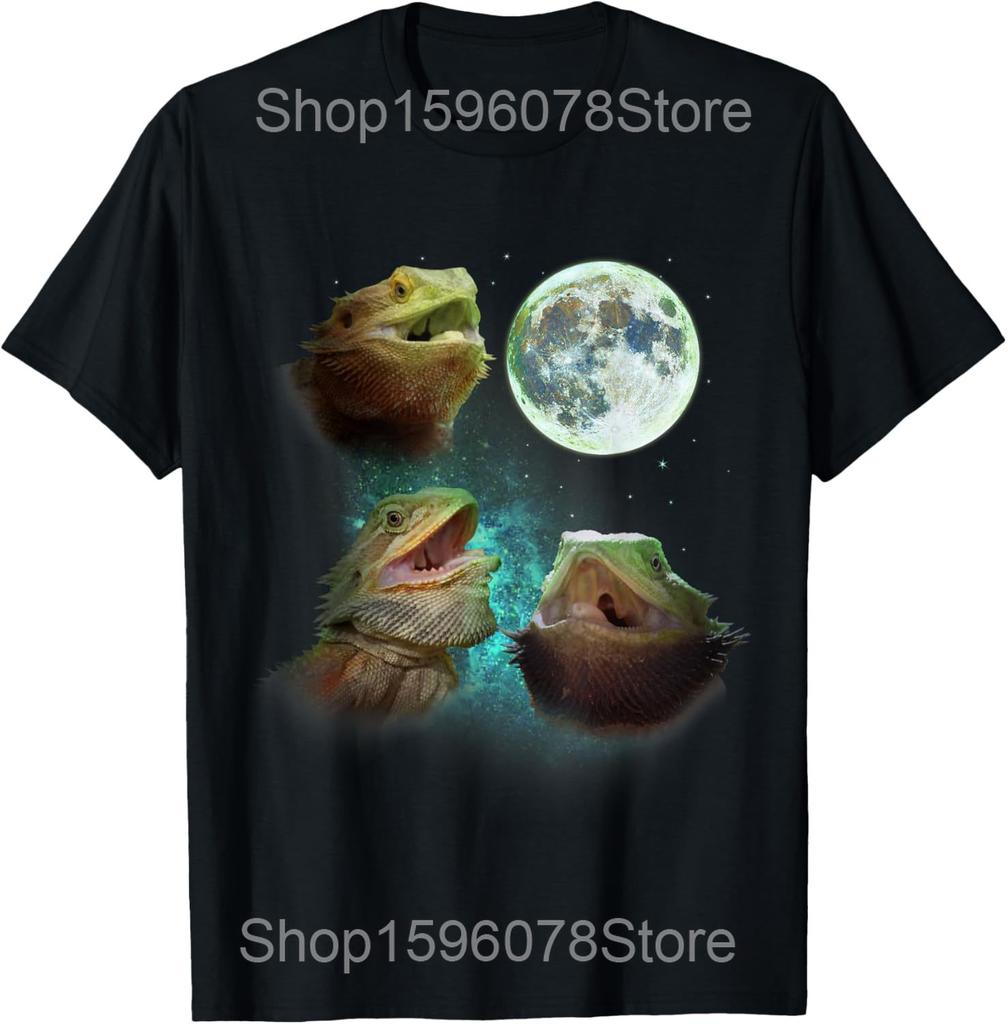 Three Bearded Dragons Howl At Moon T Shirts Men Women Cotton Humor Streetwear Tee Shirt Short Sleeve Unisex Loose Clothing