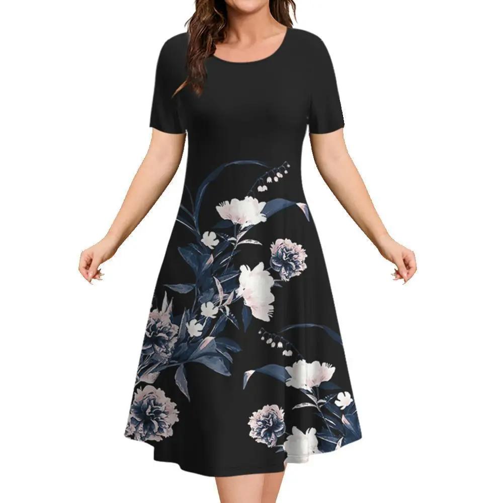 Summer Women's 3d Floral Print Short-sleeved Round Neck Dress Ladies Fashion Y2k Loose Casual Dress