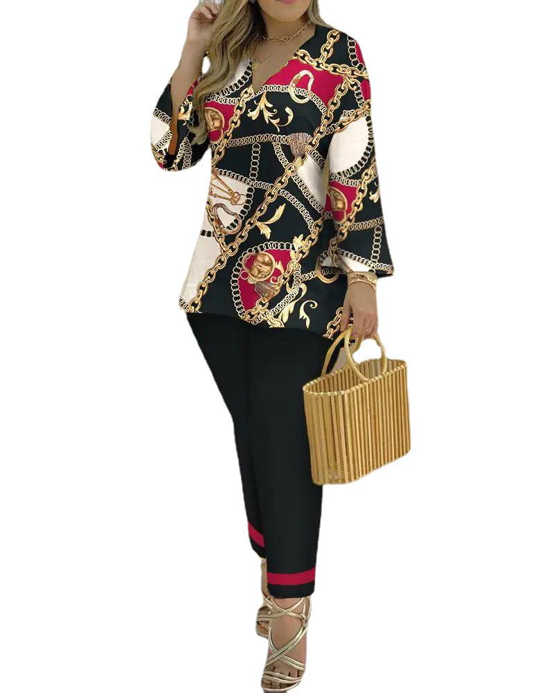 2023 Spring Women's European & American V-Neck Long-Sleeve Fashion Set