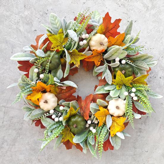 Simulated Wreath Autumn Maple Leaf Pumpkin Pine Cone Berry Wreath Realistic Simulated Fall Harvest Thanksgiving Door Decor