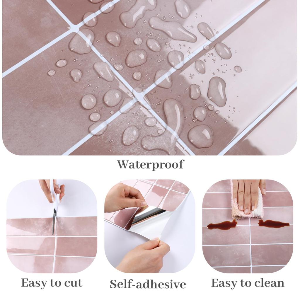 VaryPaper Tile Stickers Wall Decals Wallpaper Stickers Removable Wallpaper Sheets Pink 3D Interior Decor Set Brick Pattern Tile Sheets Mosaic Tiles