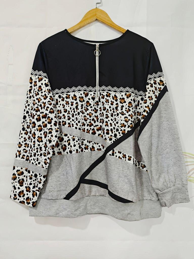 Women's European V-Neck Zipper Top - Autumn/Winter Long-Sleeve Print