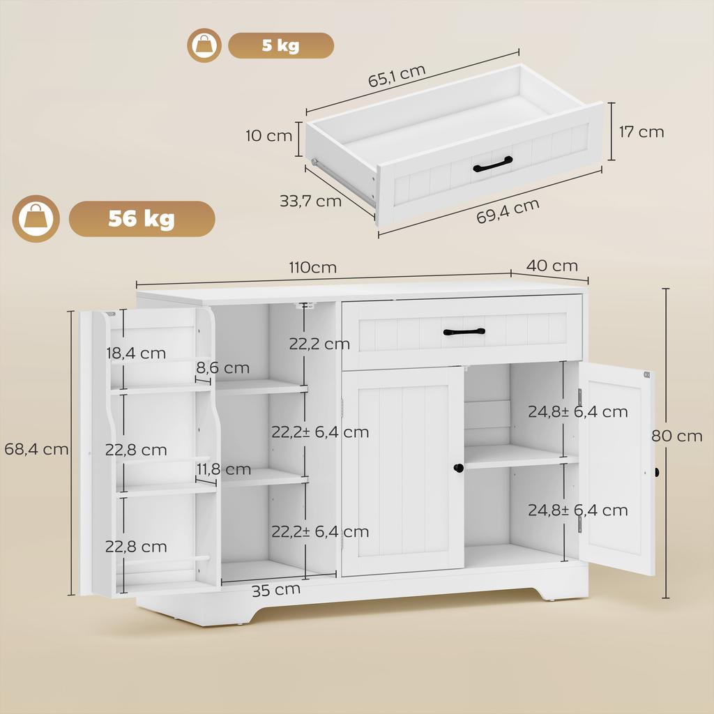 Credenza Moderna da Cucina con Cassetto, Ripiani Regolabili, Dispensa Piccola da Cucina con Scomparti a Porta, Bianco