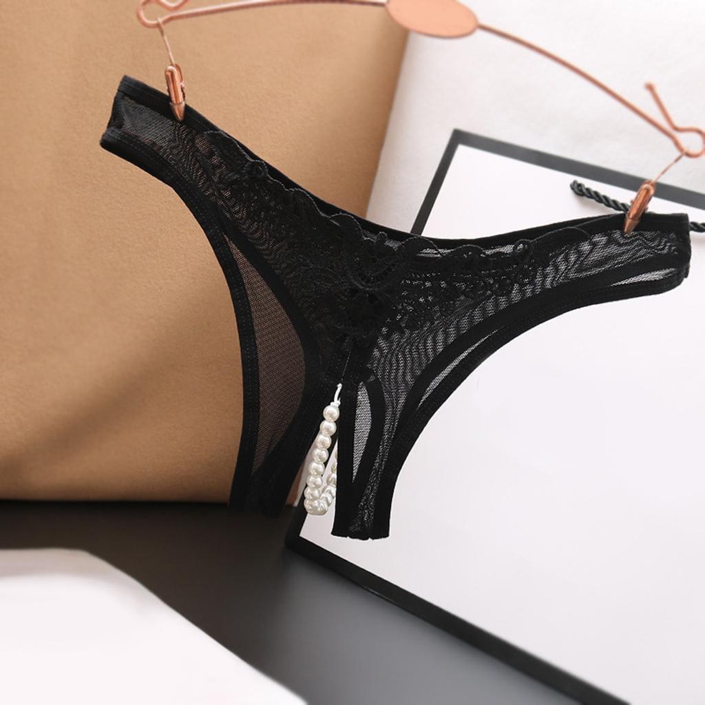 Sexy Hollow Out Crotchless Panties For Women Pearl Low Waist Lace Sheer Mesh Underwear Transparent Beaded Embroidered Thongs