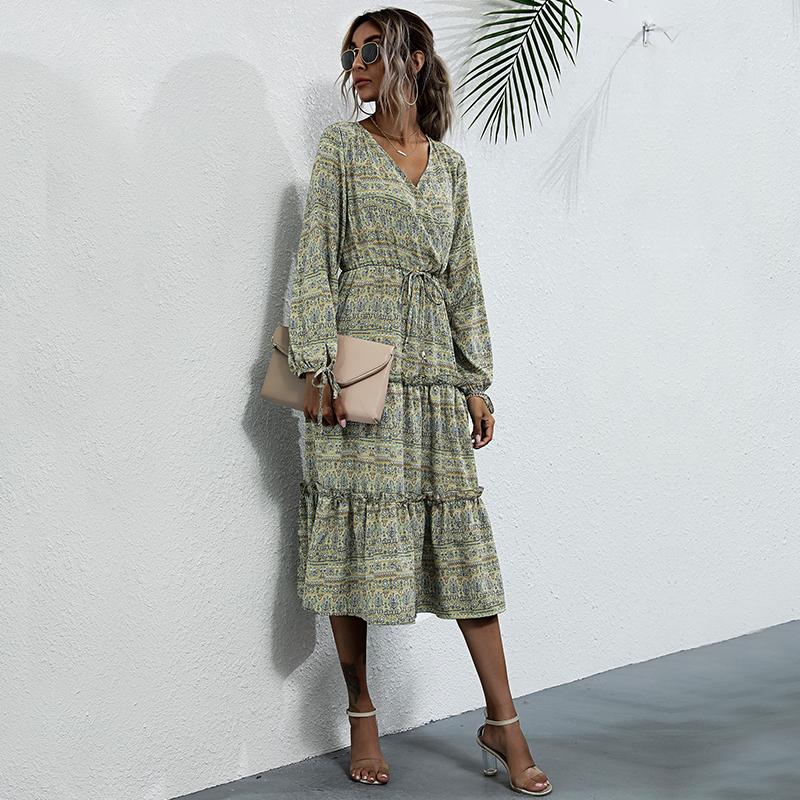 YYFS Women's Vintage Floral Print Long Sleeve V-Neck Casual Dresses