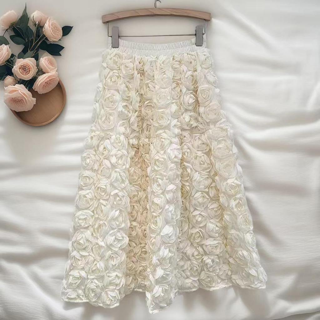 French A-Line High Waist Skirt with 3D Flowers - Spring/Winter Collection