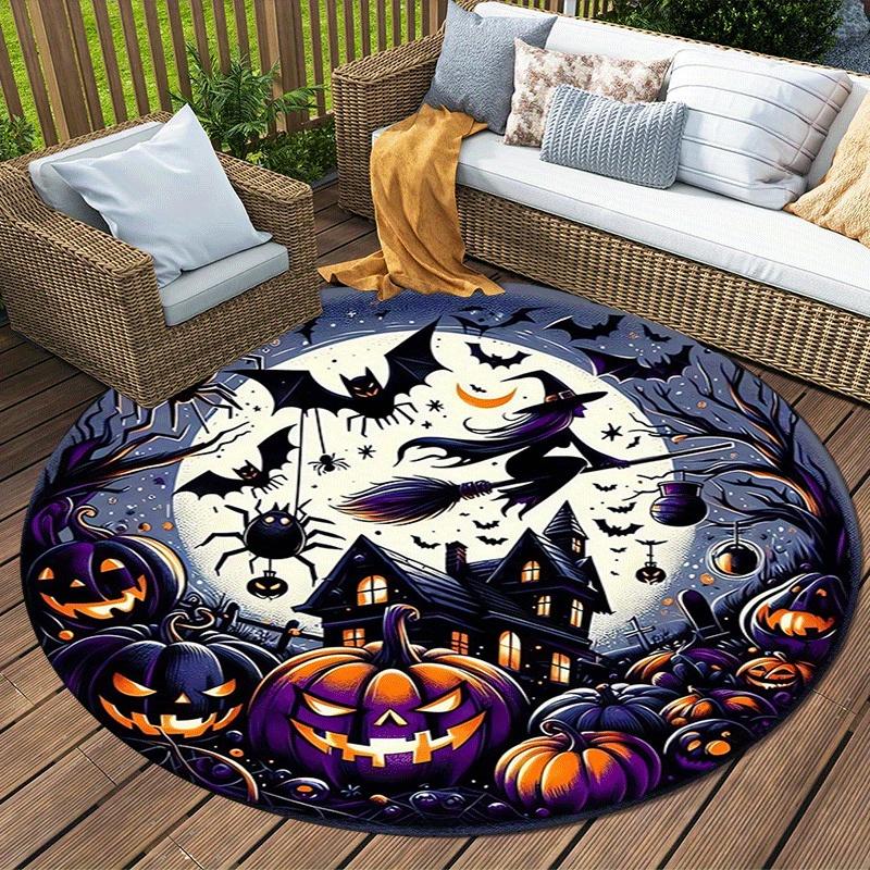 1pc Soft, Absorbent & Non-Slip Pumpkin and Flying Witch Round Rug, Perfect for Entryway, Living Room, Bedroom Decor, Machine Washable Flanne