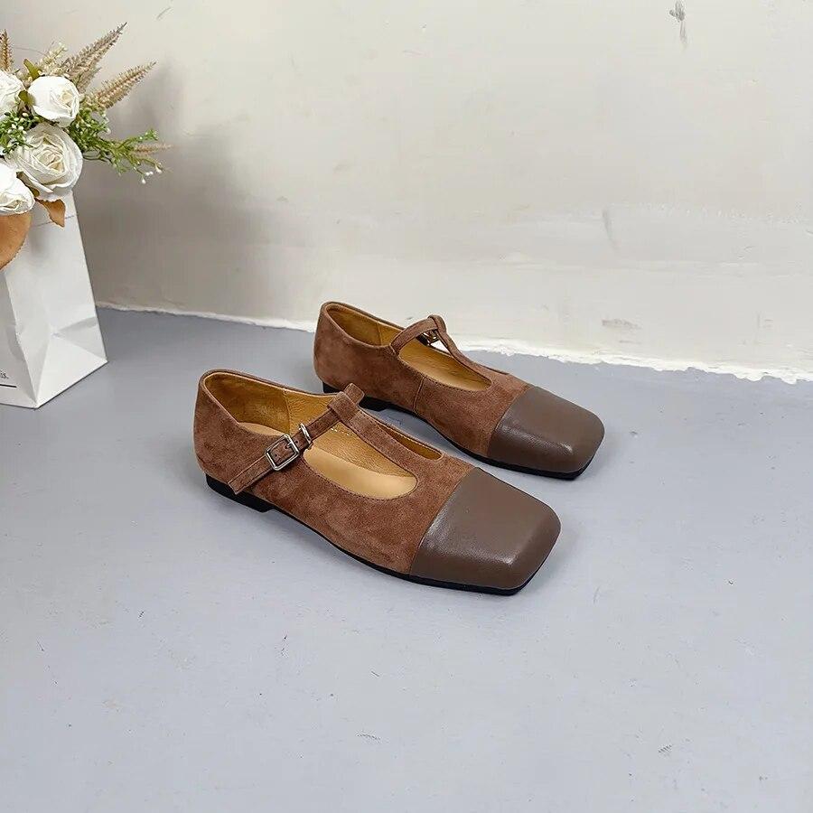 Johnature Square Toe Buckle Shallow Fashion Pumps Versatile Genuine Leather Women Low Heels Shoes