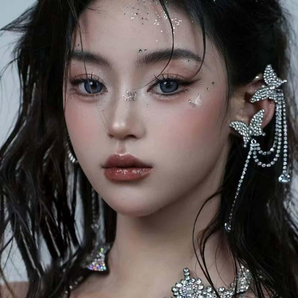 1 pair Luxury Silver Tassel Ear Clip Long Shiny Temperament Eardrops  Women