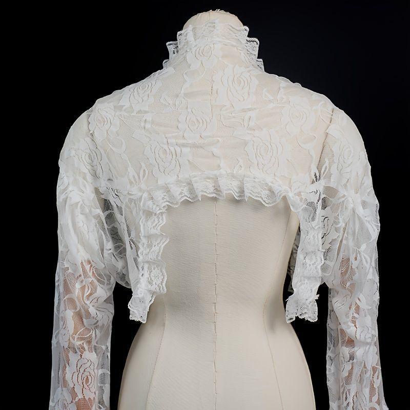 Gothic Floral Lace Shrug Long Flared Bell Sleeve Open Front Cropped Bolero Cardigan For Lolita Wedding Cosplay Photoshoot