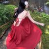 Yunnan Dali Wears a French Red Suspender Dress for Women's Sexy Backless, Suitable for Seaside Vacation Photo Skirts