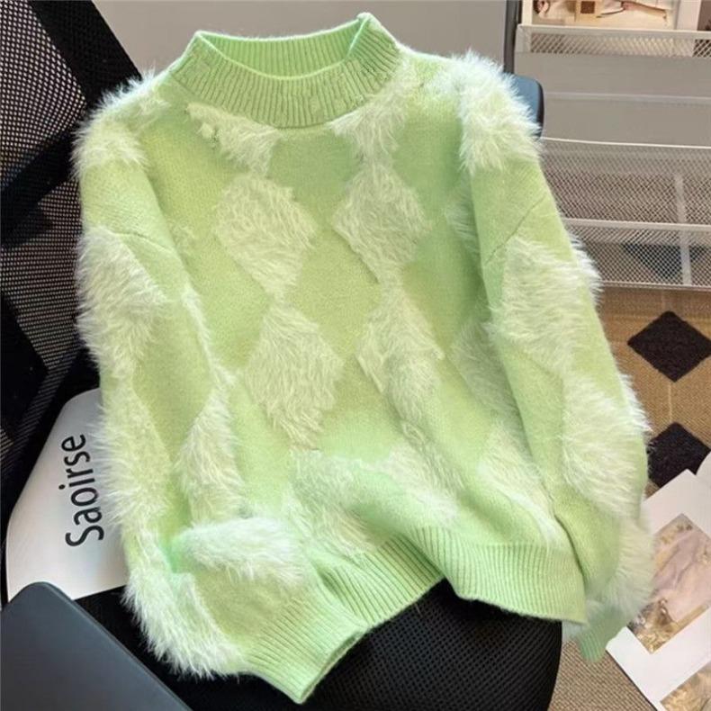

Женский зимний пушистый свитер крупной вязки в корейском стиле с ромбовидной вышивкой, повседневная одежда L зелёный